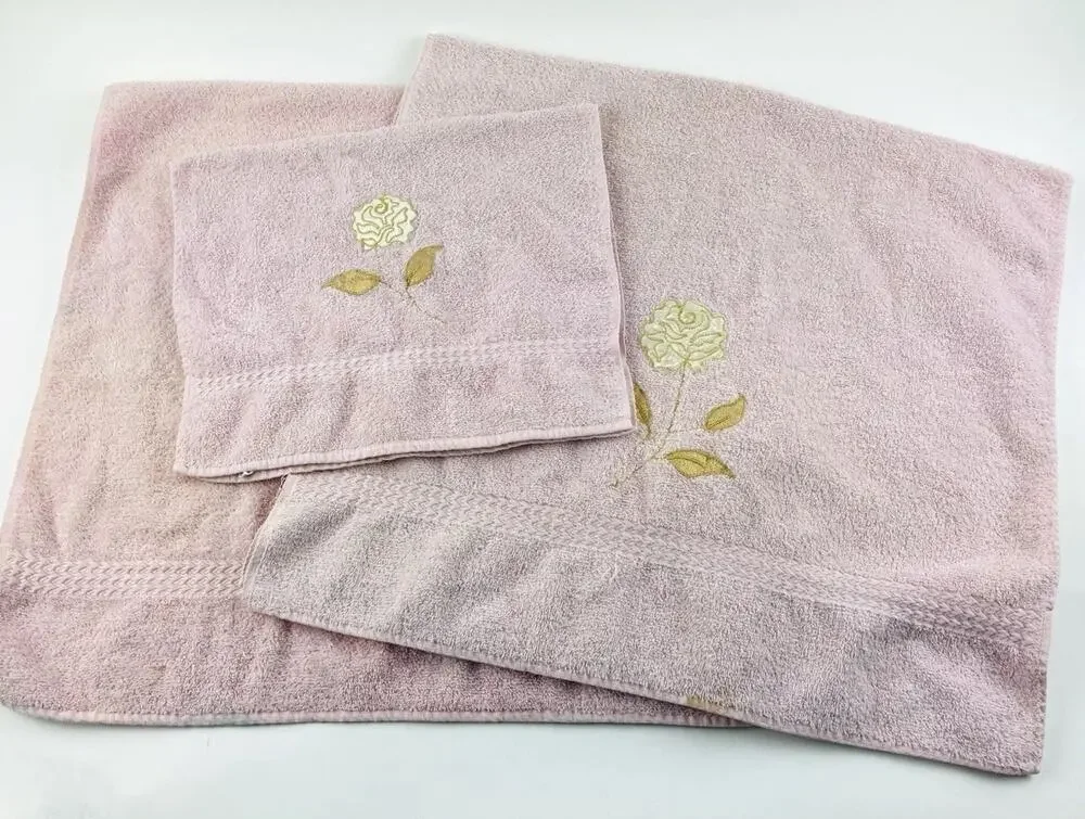 Cannon Bath Body Hand Towel Set Vintage Pink Floral Appliqué Gold Rose USA Flowe